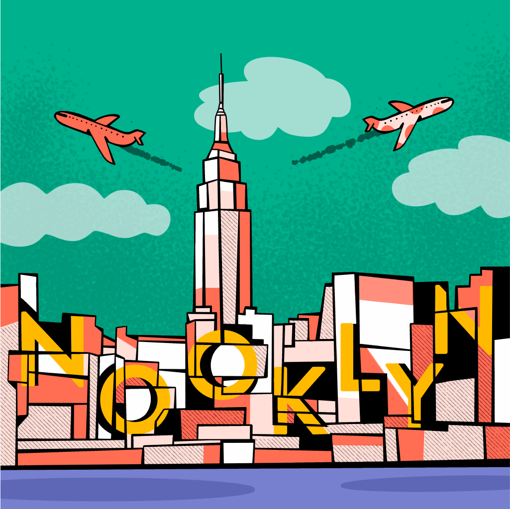 Illustration of the Nooklyn wordmark in a daytime New York City skyline