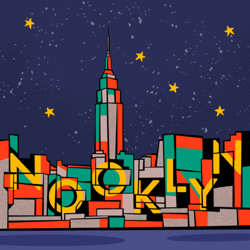 Illustration of the Nooklyn wordmark in a night-time New York City skyline